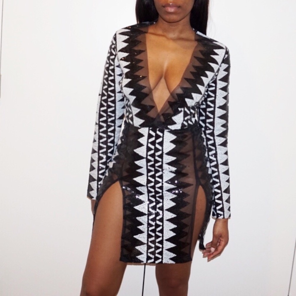 Sequin Long Sleeve Deep V Dress